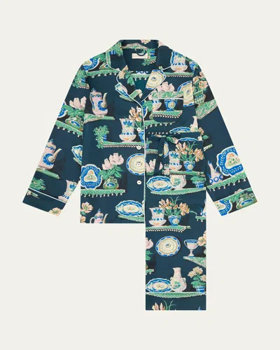 Olivia Von Halle Lila Giotto Ceramic-print Silk Pajama Set In Gray