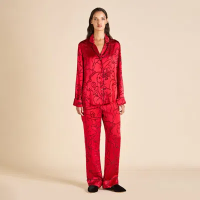 Olivia Von Halle Lila Liaisons Red Figures Pyjamas In Silk Devoré In Brown