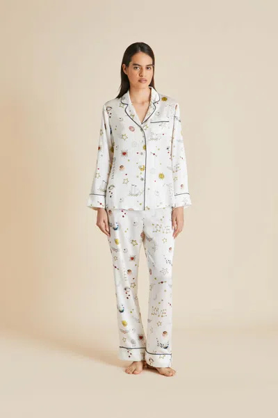 Olivia Von Halle Lila Love Ivory Pyjamas In Silk Satin In Multi