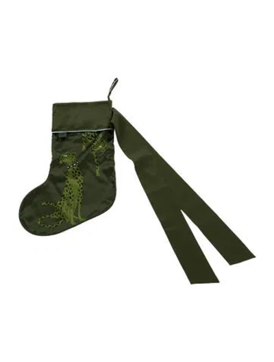 Pre-owned Olivia Von Halle Lumiere Cosmos Leopard Silk Christmas Stocking W/ Tags In Green