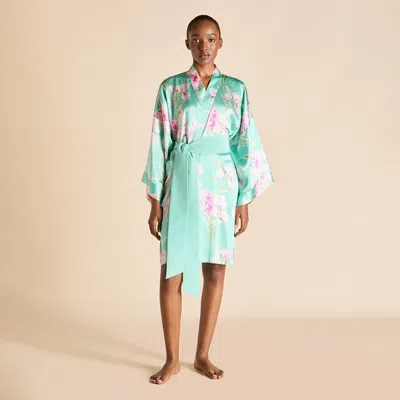 Olivia Von Halle Mimi Abalone Turquoise Floral Robe In Silk Satin