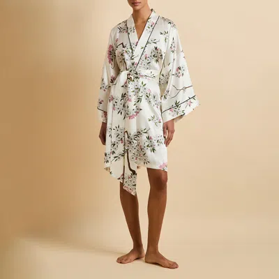 Olivia Von Halle Mimi Ana Ivory Blossom Robe In Silk Satin In White