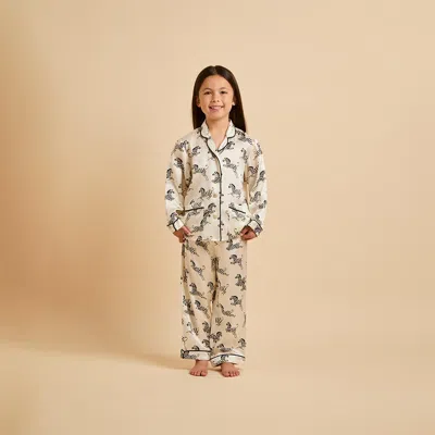 Olivia Von Halle Mini Lila Zebedee Ivory Zebra Pyjamas In Silk Satin In White