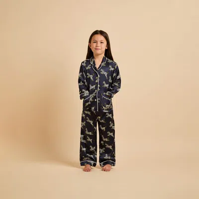 Olivia Von Halle Mini Lila Zizi Navy Zebra Pyjamas In Silk Satin In Navy Blue