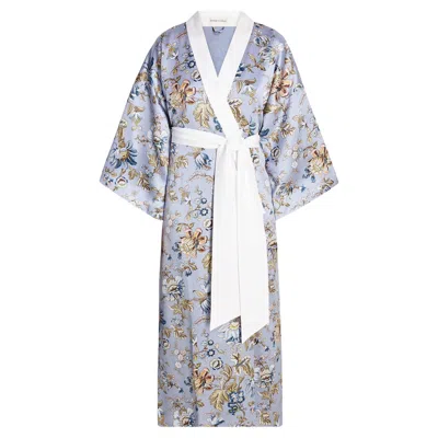 Pre-owned Olivia Von Halle New  Blue Floral Print Maxi Silk Dressing Gown Robe Kimono Os