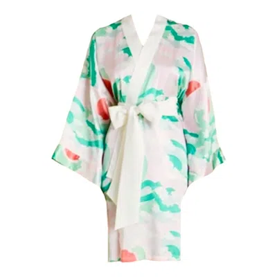 Pre-owned Olivia Von Halle New  Blush Japanese Print Silk Dressing Gown Kimono Robe Os In Gray