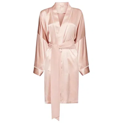 Pre-owned Olivia Von Halle New  Blush Silk Dressing Gown Japanese Kimono Robe With Belt Os In Sand