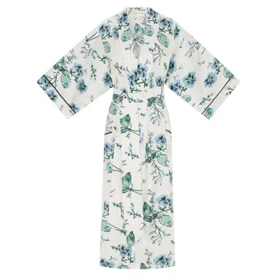 Pre-owned Olivia Von Halle New  Floral Print Silk Dressing Gown Kimono Robe Os In Gray