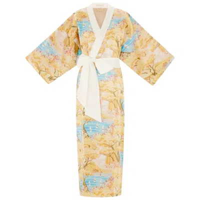 Pre-owned Olivia Von Halle New  Pastels Print Silk Dressing Gown Kimono Robe Os In Sand