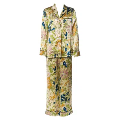 Pre-owned Olivia Von Halle New  Silk Floral Print Pajamas Lounge Home Wear Suit M In Sand