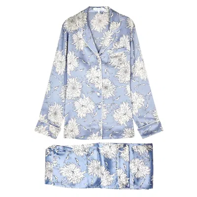Pre-owned Olivia Von Halle New  Silk Sky Blue Floral Print Lounge Home Sleep Wear Suit S