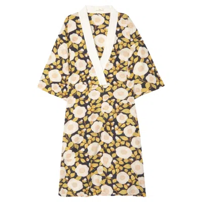 Pre-owned Olivia Von Halle New  Silk Voile Floral Print Kimono Style Robe Dress Os In Sand