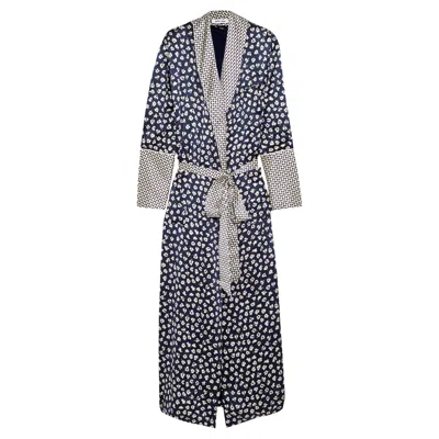 Pre-owned Olivia Von Halle New  Timeless Navy & Floral Silk Print Dressing Gown Robe M/l In Blue
