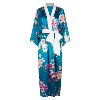 Pre-owned Olivia Von Halle New  Turquoise Floral Print Silk Dressing Gown Kimono Robe Os In Blue