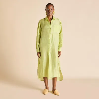 Olivia Von Halle Phoebe Celery Green Shirt Dress In Linen-silk