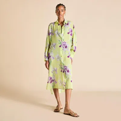 Olivia Von Halle Phoebe Sundial Green Floral Shirt Dress In Silk-chiffon
