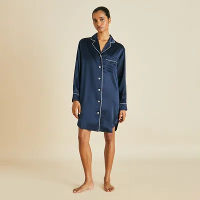 Olivia Von Halle Poppy V-neck Silk Nightdress In Navy