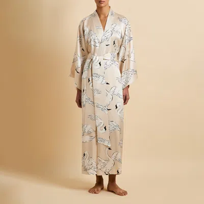 Olivia Von Halle Queenie Blanca Cream Swan Robe In Silk Satin In White