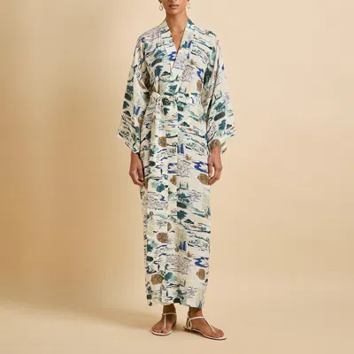 Olivia Von Halle Queenie Cadaqués Cream Landscape Robe In Silk Crêpe De Chine In White