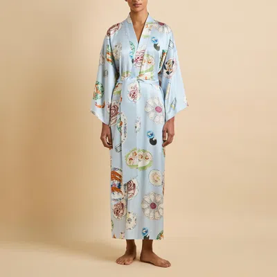 Olivia Von Halle Queenie Cadiz Blue Seafood Robe In Silk Satin