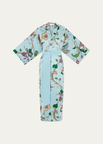 Olivia Von Halle Queenie Floral-print Silk Kimono Robe In Blue