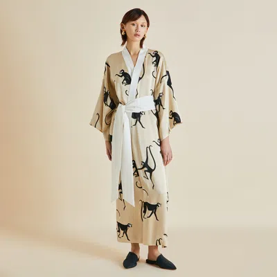 Olivia Von Halle Queenie Macaque Cream Monkey Silk Satin Robe - One Size In Neutral