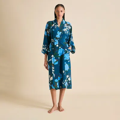Olivia Von Halle Silk Floral Sabine Tibatant Robe In Blue