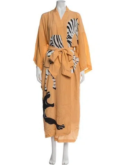 Pre-owned Olivia Von Halle Silk Animal Print Robe In Orange