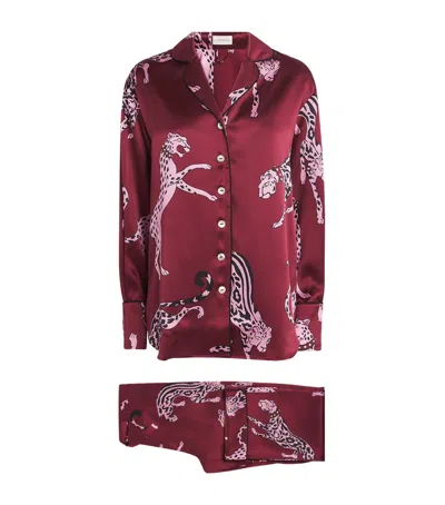 Olivia Von Halle Silk Cheetah Lila Pyjama Set In Red