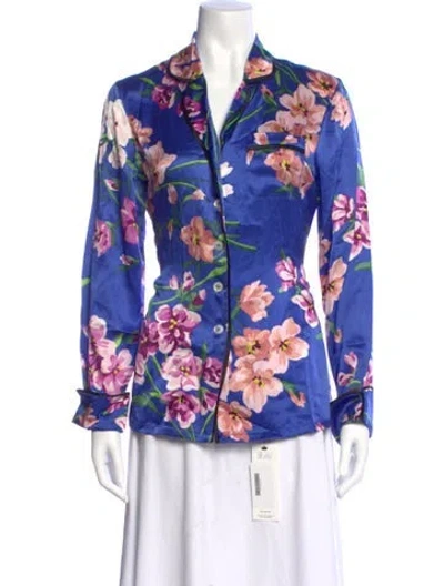 Pre-owned Olivia Von Halle Silk Floral Print Button-up Top In Blue