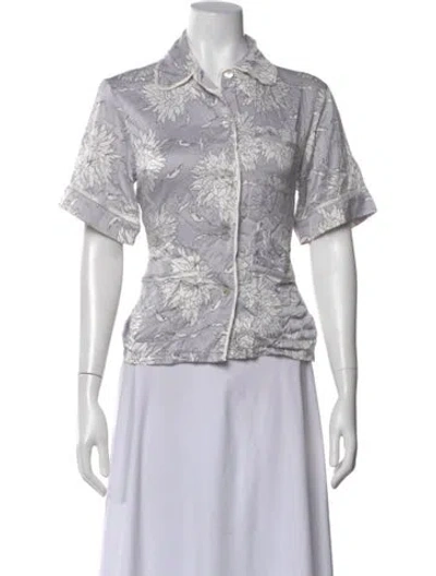 Pre-owned Olivia Von Halle Silk Floral Print Button-up Top In Gray