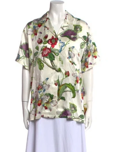 Pre-owned Olivia Von Halle Silk Floral Print Button-up Top In Neutral