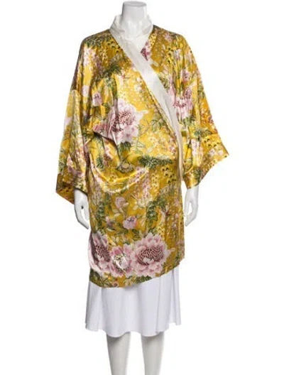 Pre-owned Olivia Von Halle Silk Floral Print Robe W/ Tags In Yellow