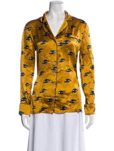 Pre-owned Olivia Von Halle Silk Graphic Print Button-up Top In Gold