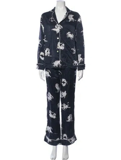 Pre-owned Olivia Von Halle Silk Graphic Print Pajamas In Blue