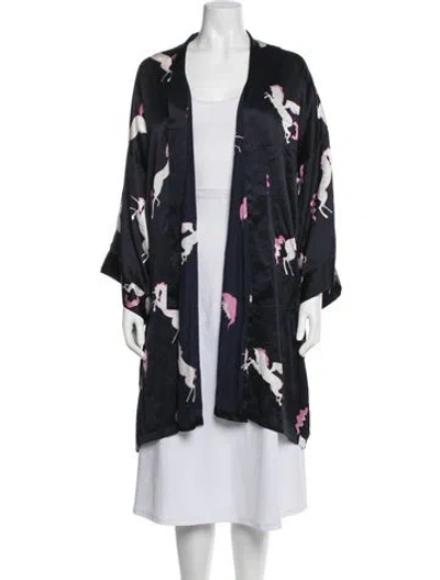 Pre-owned Olivia Von Halle Silk Graphic Print Robe In Blue