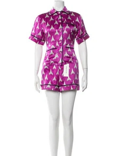 Pre-owned Olivia Von Halle Silk Graphic Print Short Set In Purple