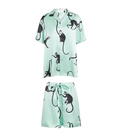 Olivia Von Halle Silk Monkey Print Emeli Pyjama Set In Green