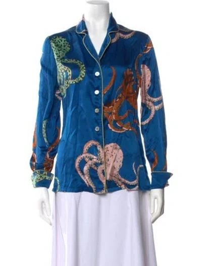 Pre-owned Olivia Von Halle Silk Printed Button-up Top In Blue