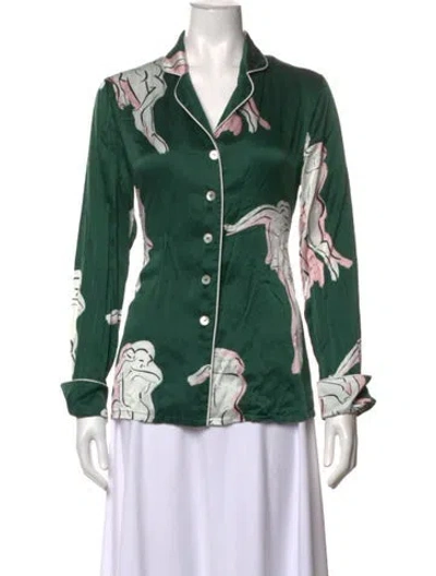 Pre-owned Olivia Von Halle Silk Printed Button-up Top In Green