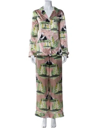 Pre-owned Olivia Von Halle Silk Printed Pajamas In Green