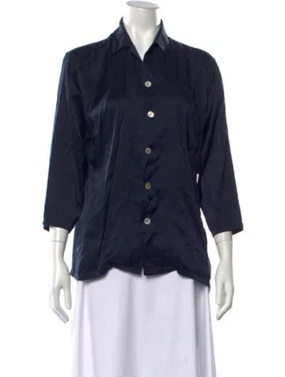 Pre-owned Olivia Von Halle Silk Three-quarter Sleeve Button-up Top In Blue