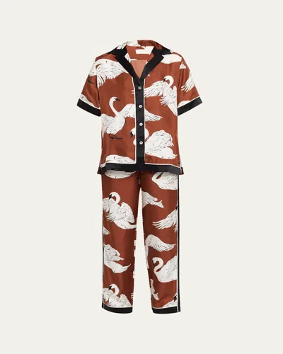 Olivia Von Halle Tilda Ines Swan-print Silk Twill Pajama Set In Brown