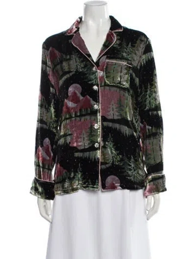 Pre-owned Olivia Von Halle Velvet Printed Button-up Top W/ Tags In Black