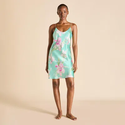 Olivia Von Halle Venus Abalone Turquoise Floral Slip Dress
