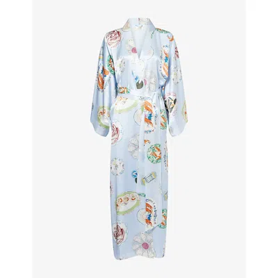 Olivia Von Halle Womens Queenie Cadiz Printed Silk Robe In Blue