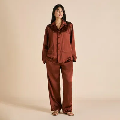 Olivia Von Halle Yves Astrid Bronze Embellished Pyjamas In Silk Satin
