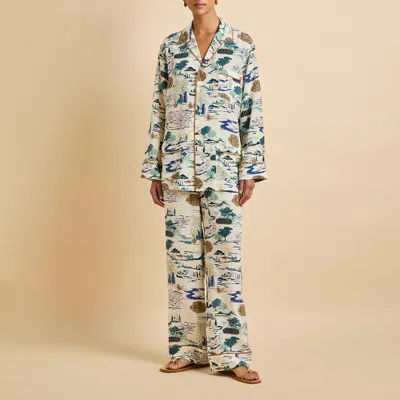 Yves Cadaqués Cream Landscape Pyjamas In Silk Crêpe De Chine In White from Olivia Von Halle