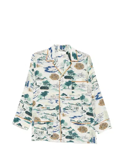Olivia Von Halle Yves Cadaqués Cream Landscape Pyjamas In Silk Crêpe De Chine In White