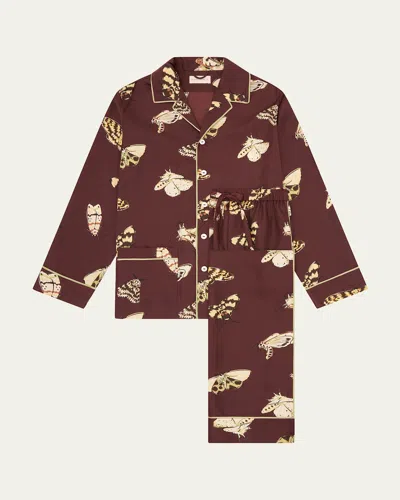 Olivia Von Halle Yves Ettore Moth-print Silk Twill Pajama Set In Brown